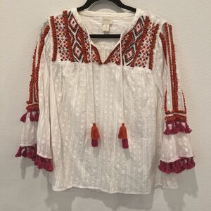 Chicos Boho Aztec Bell Sleeves Tassel Embroidered Popover Tunic Vneck Sz 1 M